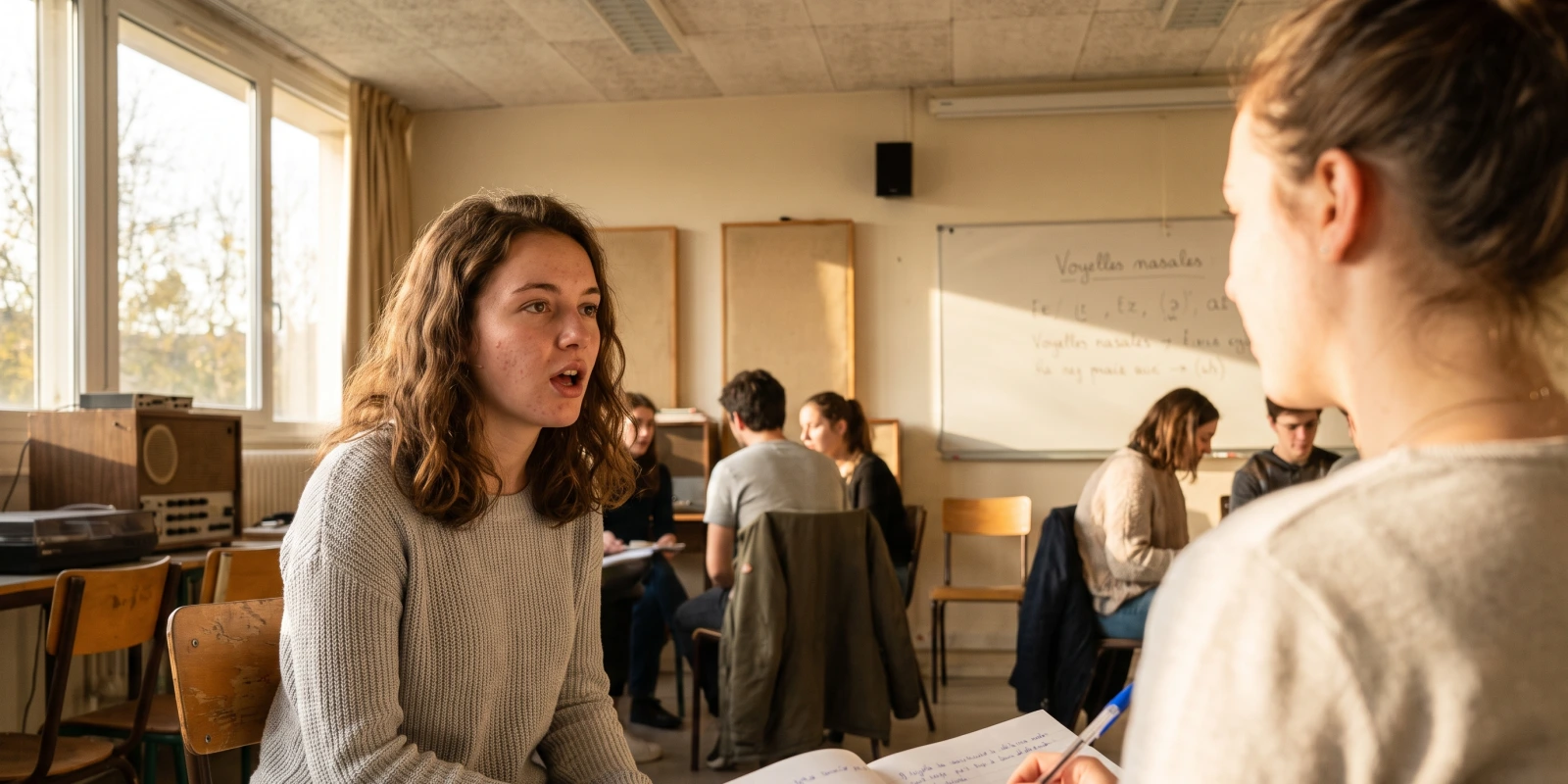 Cours en licence Sciences du langage : programme détaillé Étudiants en échange oral dans une salle de cours, tableau consacré aux voyelles nasales